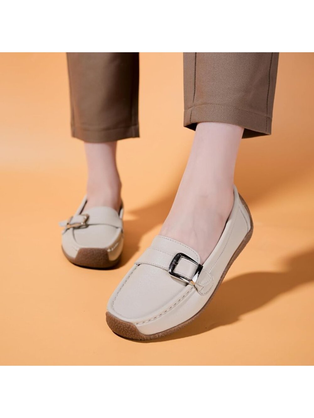 Women's Beige Loafers Slip-Ons Cute Casual Dress Walking Stylish Flats Shoes - Picture 2 of 7